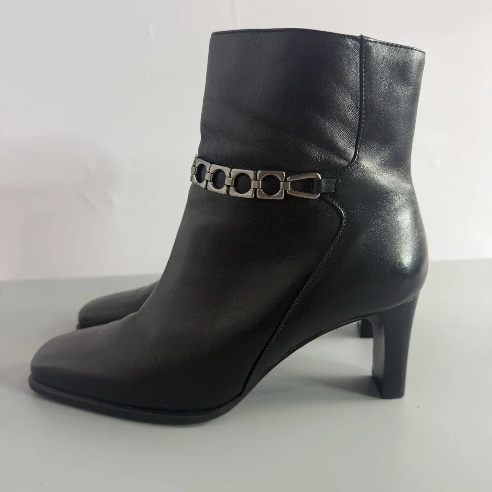 MARKON Tansy Black Leather Silver‎ Chain Square Toe Moto Ankle Boots Size 8M